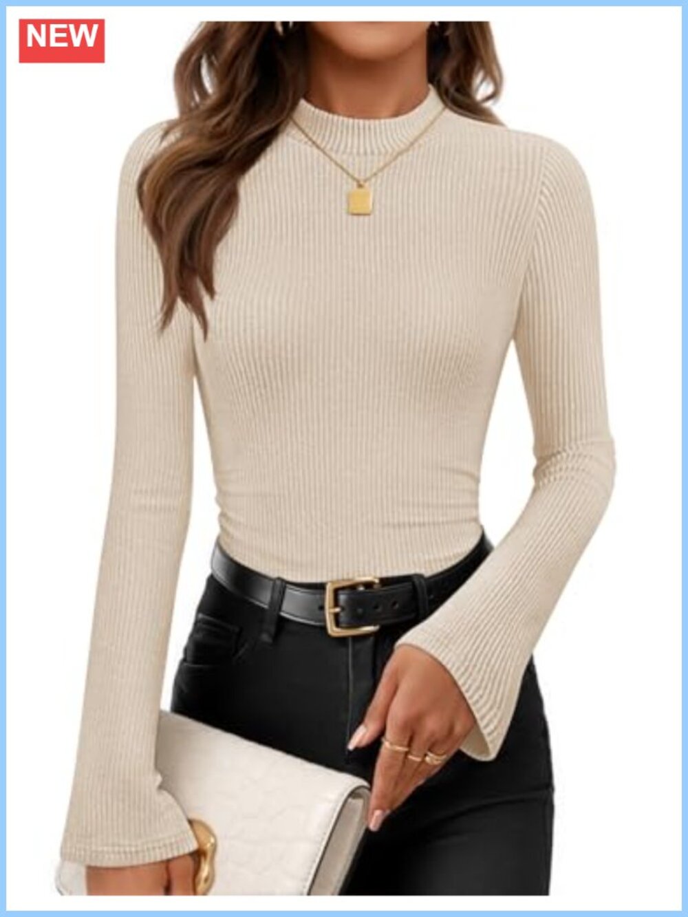 Mock Neck Long Sleeve Ribbed Knit Slim Fit Top Business Casual